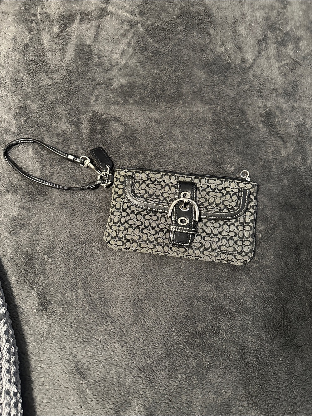 Coach Black and Gray Signature Jacquard Wristlet with Buckle